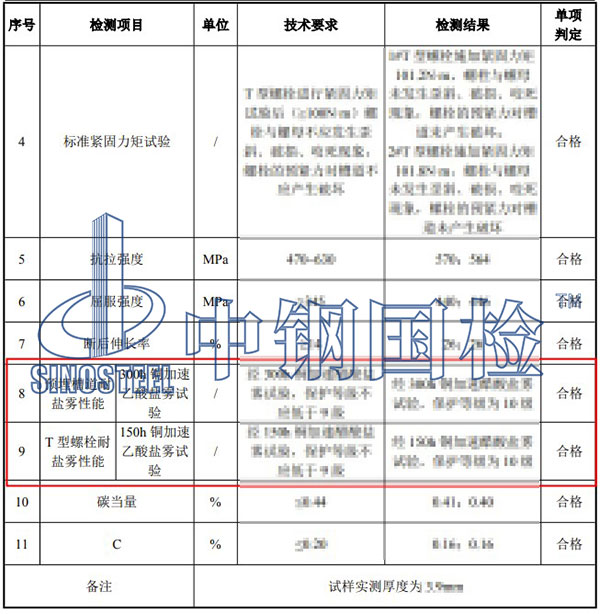 乙酸鹽霧試驗檢測項目結果